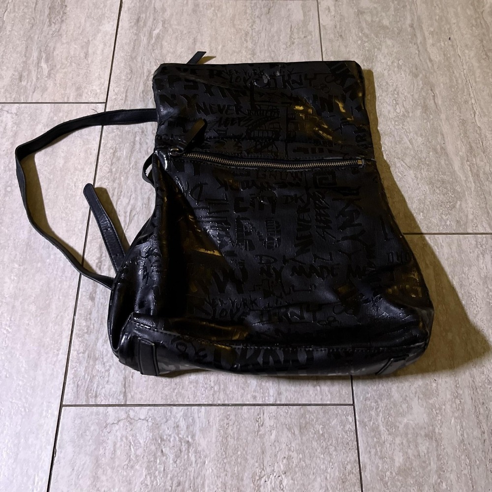 DKNY Backpack Womens Large Black Graffiti Logo Faux Leather City Zip Pocket
